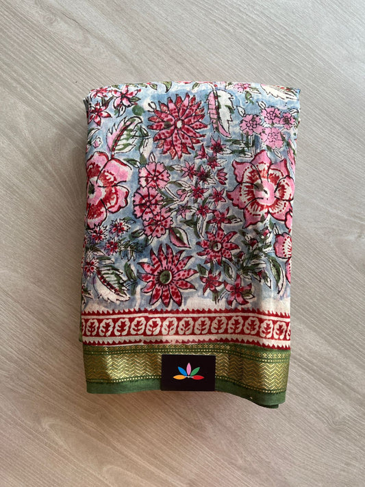Floral Printed Chanderi Cotton Silk Saree with Traditional Zari Border-24375