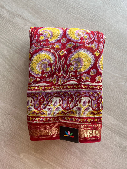 Floral Printed Chanderi Cotton Silk Saree with Traditional Zari Border-24376