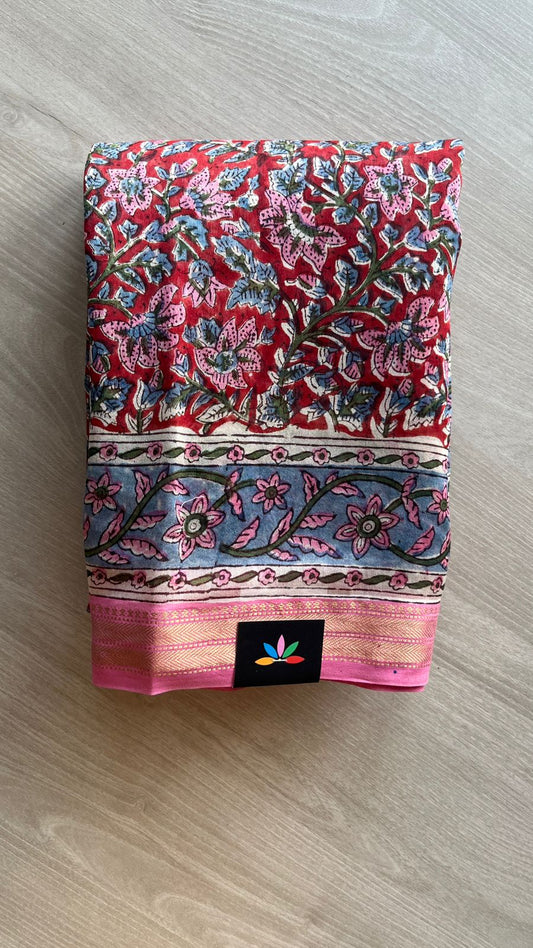 Floral Printed Chanderi Cotton Silk Saree with Traditional Zari Border-24377
