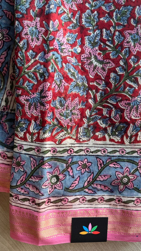 Floral Printed Chanderi Cotton Silk Saree with Traditional Zari Border-24377
