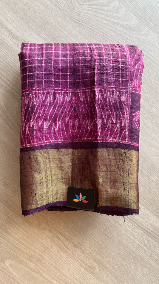 Handcrafted Tussar Silk Saree with Boxed Floral & Bird Motifs – Deep Magenta Elegance-24379