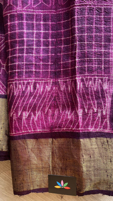 Handcrafted Tussar Silk Saree with Boxed Floral & Bird Motifs – Deep Magenta Elegance-24379