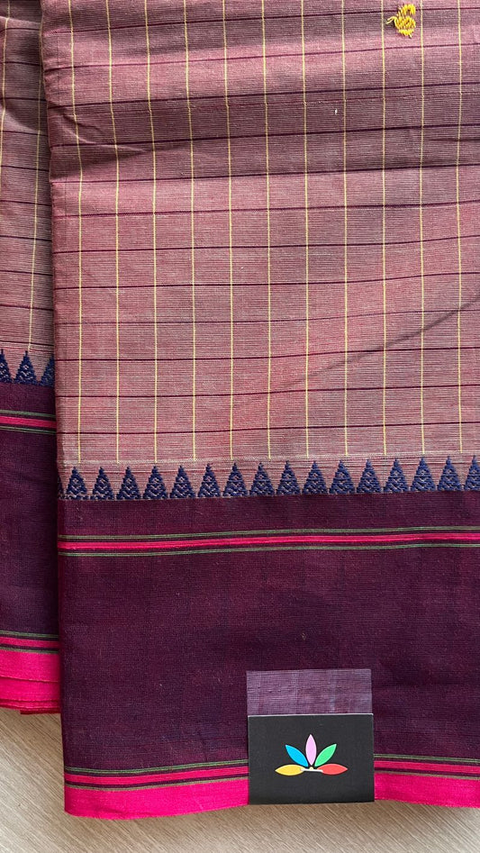 Rose Brown Checked Chettinad Cotton Saree with Wine and Pink Border - 24683