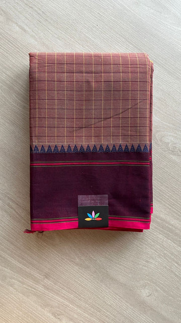 Rose Brown Checked Chettinad Cotton Saree with Wine and Pink Border - 24683