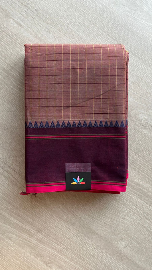 Rose Brown Checked Chettinad Cotton Saree with Wine and Pink Border - 24683