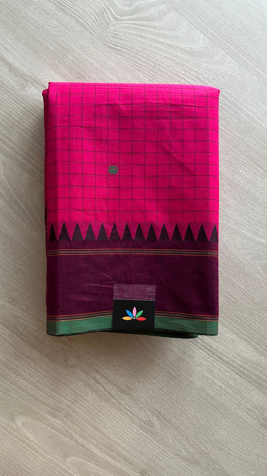 Elegant Pink Checked Chettinad Handloom Saree with Contrast Border -24682