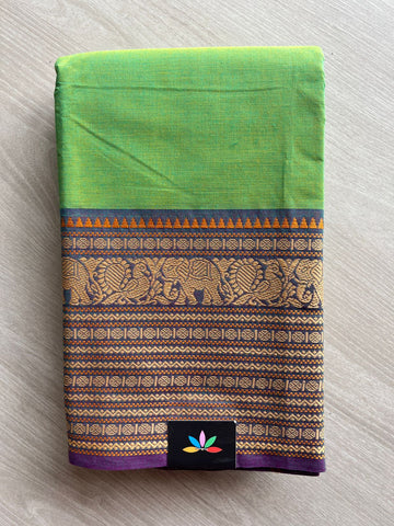 Parrot Green Chettinad Cotton Saree with Elephant Border -24408