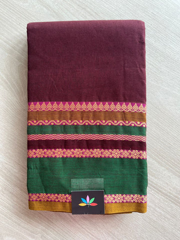 Wine Chettinad Cotton Saree with Contrast Green & Pink Border and Floral Detailing - 24411