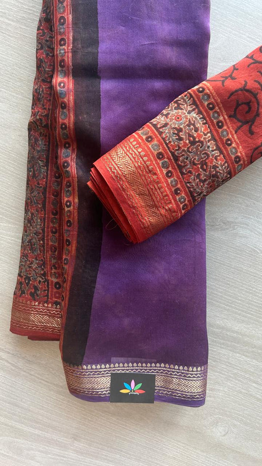 Chanderi Silk Cotton Saree with Ajrakh Pallu -24521