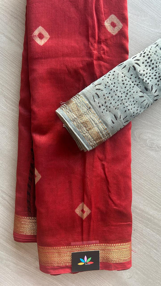 Chanderi Silk Cotton Saree with Ajrakh Pallu -24524-24525