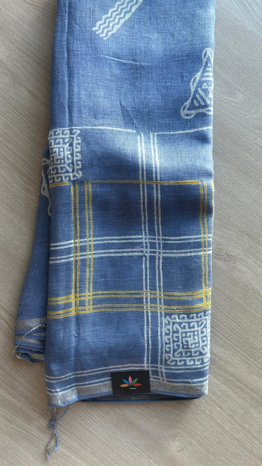 Designer Handblock Printed Fine Linen Saree-24536