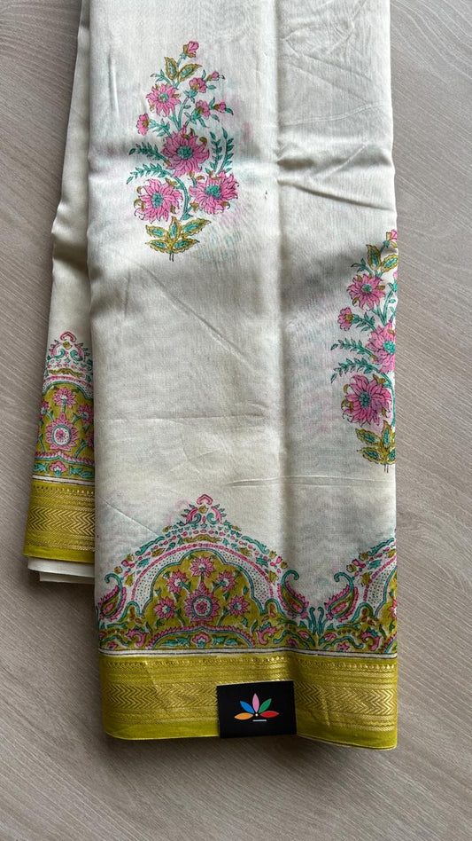 Offwhite Floral Handblock Printed Chanderi Cotton Silk Saree -24586