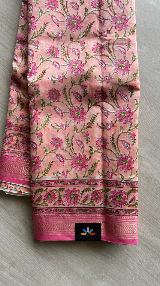 Pink Handblock Printed Chanderi Cotton Silk Saree-24587