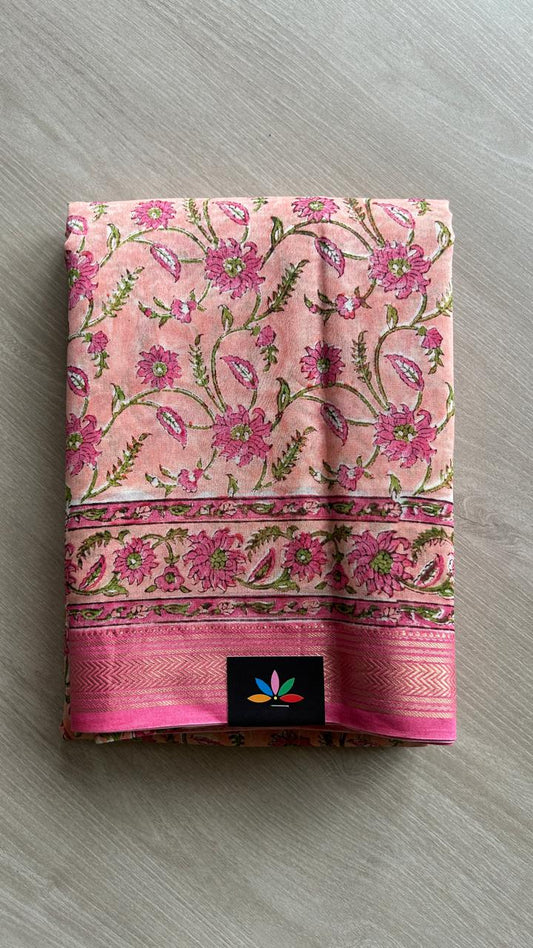Pink Handblock Printed Chanderi Cotton Silk Saree-24587