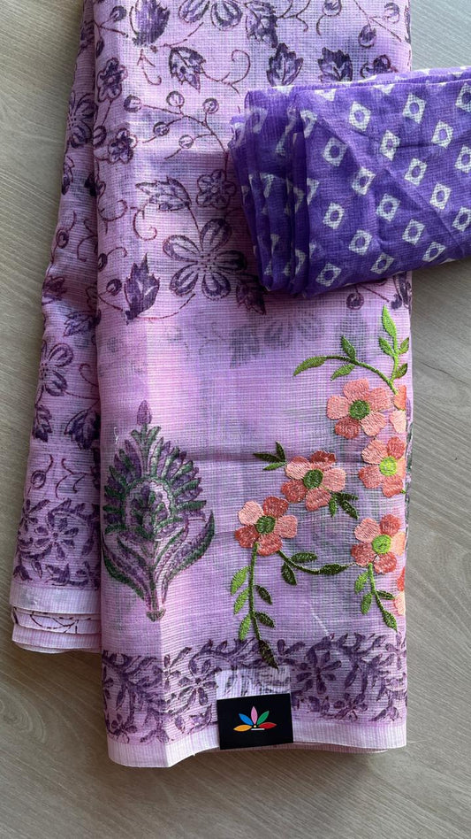 Embroidered Printed Kota Saree with Contrast Blouse-24613