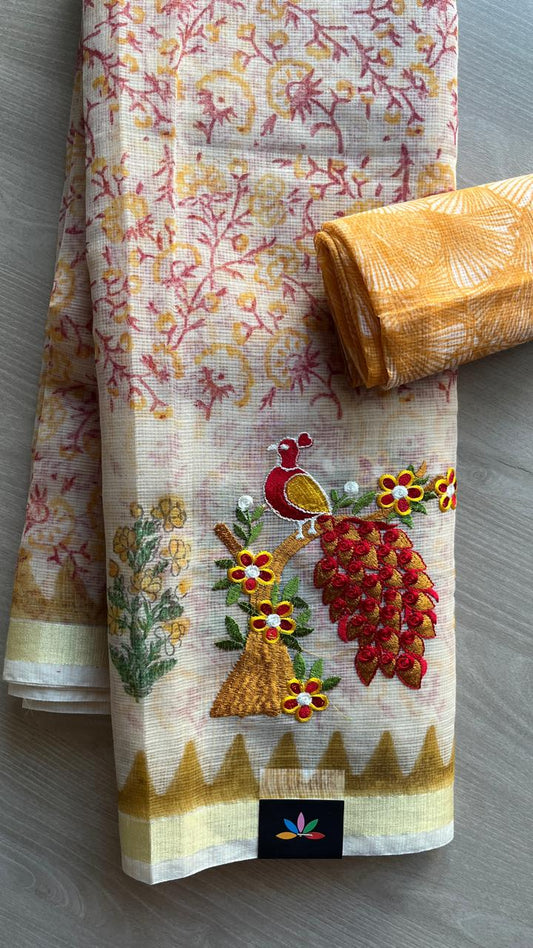 Embroidered Printed Kota Saree with Contrast Blouse-24614