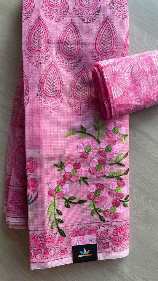 Embroidered Printed Kota Saree with Contrast Blouse-24615