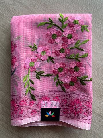 Embroidered Printed Kota Saree with Contrast Blouse-24615