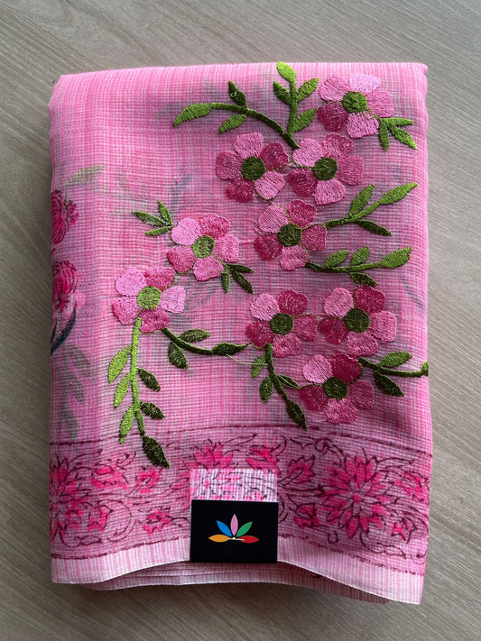 Embroidered Printed Kota Saree with Contrast Blouse-24615