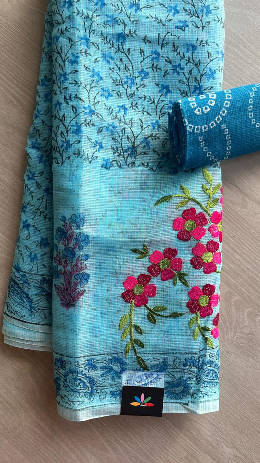 Embroidered Printed Kota Saree with Contrast Blouse-24618