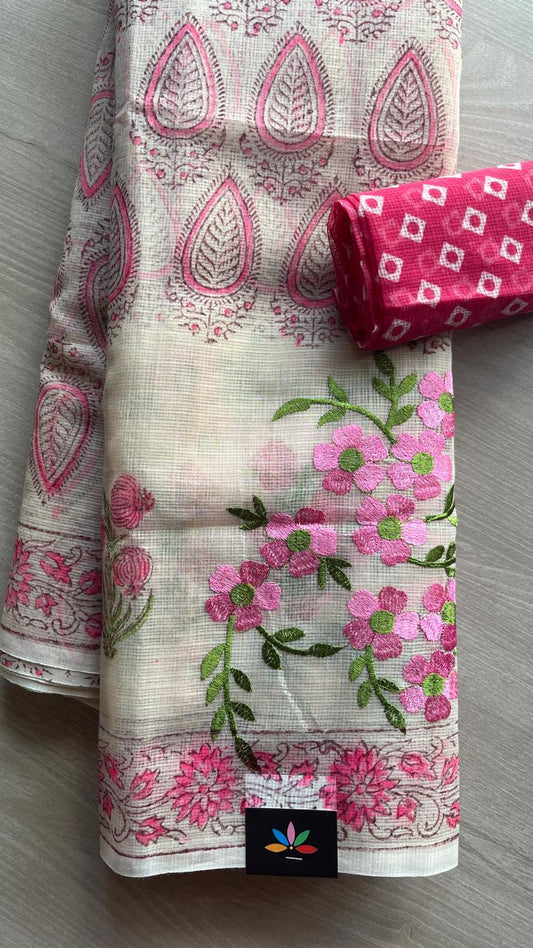 Embroidered Printed Kota Saree with Contrast Blouse-24619