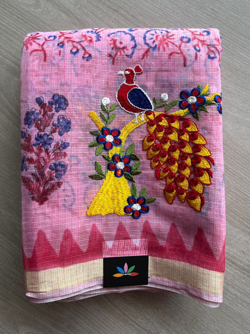 Embroidered Printed Kota Saree with Contrast Blouse-24621