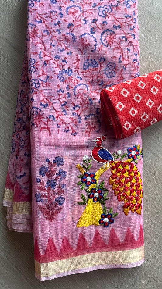 Embroidered Printed Kota Saree with Contrast Blouse-24621