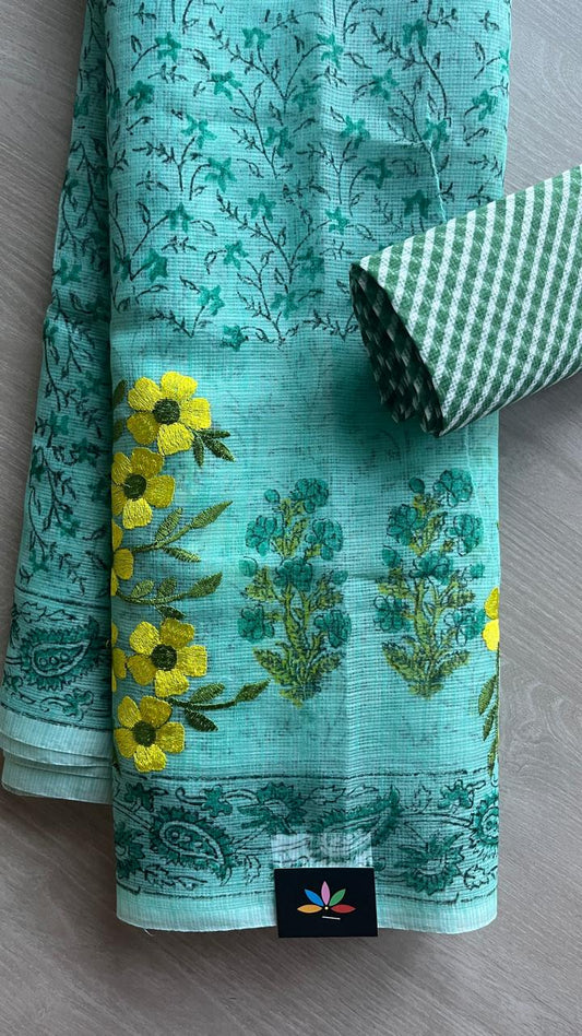 Embroidered Printed Kota Saree with Contrast Blouse-24630