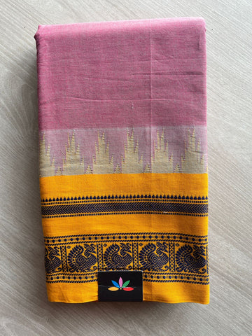 Dusty Rose Pink Saree with Mustard Yellow Temple Border Handloom Korvai Chettinad Cotton Saree -24672