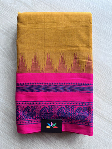 Mustard Gold with Pink and Navy Blue Peacock Temple Border Handloom Korvai Chettinad Cotton Saree -24673