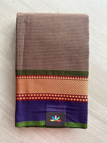Brown with Navy Blue and Green Border Simple Chettinad Cotton Saree - 24707