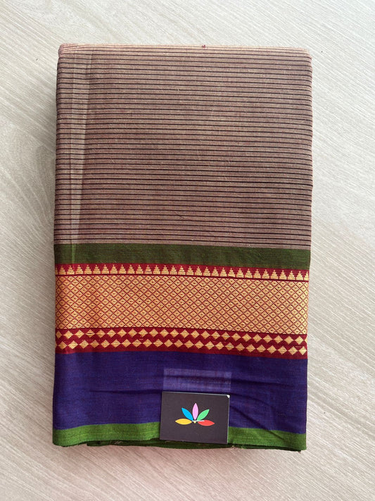 Brown with Navy Blue and Green Border Simple Chettinad Cotton Saree - 24707