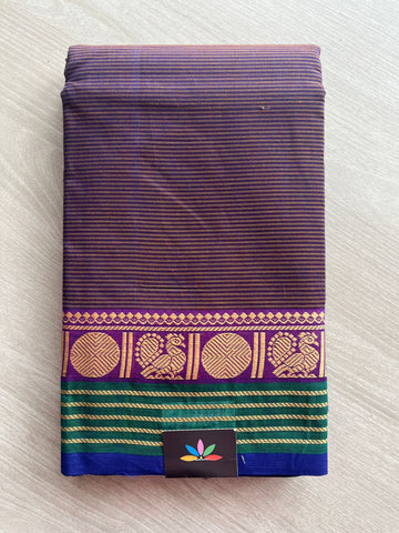 Purple&Brown Shaded with Green and Navy Blue Border Simple Chettinad Cotton Saree - 24719