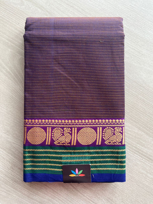 Purple&Brown Shaded with Green and Navy Blue Border Simple Chettinad Cotton Saree - 24719