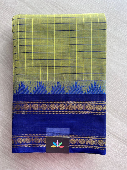 Golden Olive Green Checked Saree with Royal Blue Traditional  Chettinad Cotton Saree - 24722