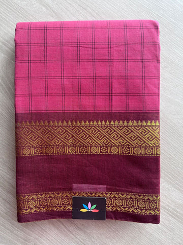 Rose Pink with Wine Maroon Traditional Checked Chettinad Cotton Saree - 24727