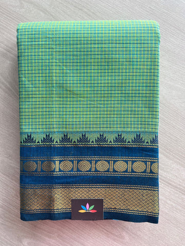 Pista Green with Navy Blue Traditional Checked Chettinad Cotton Saree - 24728