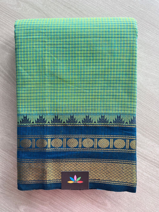 Pista Green with Navy Blue Traditional Checked Chettinad Cotton Saree - 24728