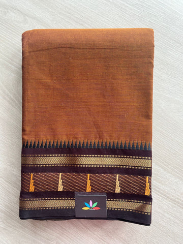 Burnt Cinnamon Brown with Chocolate Contrast Zari Woven Border Chettinad Cotton Saree - 24731