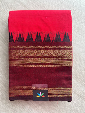 Crimson Red with Wine Maroon Contrast Zari Woven Border Chettinad Cotton Saree - 24734