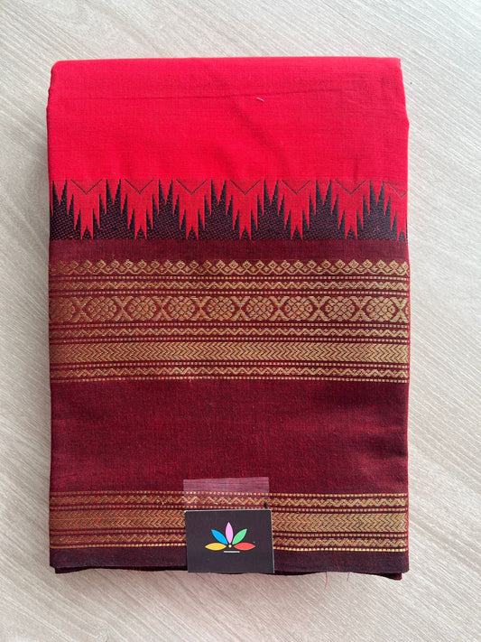 Crimson Red with Wine Maroon Contrast Zari Woven Border Chettinad Cotton Saree - 24734