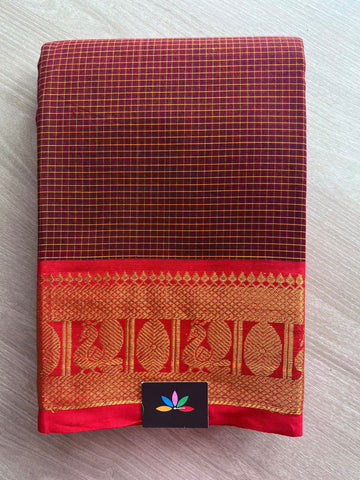 Deep Maroon with Rani Red Traditional Checked Chettinad Cotton Saree - 24911