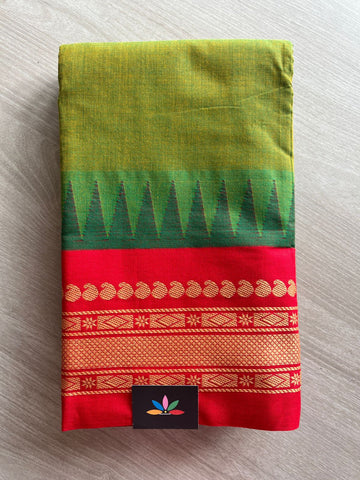 Olive Green Saree with Rani Red Temple Border Handloom Korvai Chettinad Cotton Saree -24922-24923