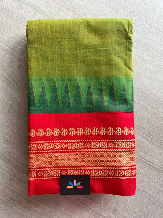 Olive Green Saree with Rani Red Temple Border Handloom Korvai Chettinad Cotton Saree -24922-24923