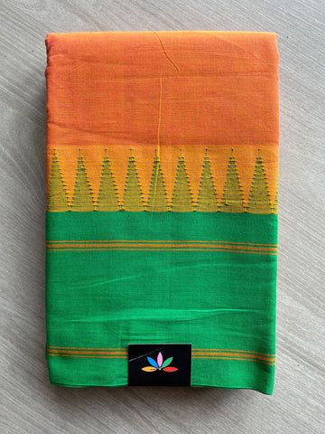 Rust Orange Saree with Emerald Green Temple Border Handloom Korvai Chettinad Cotton Saree -24924