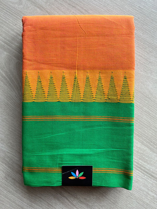 Rust Orange Saree with Emerald Green Temple Border Handloom Korvai Chettinad Cotton Saree -24924