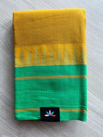 Mustard Gold with Emerald Green Temple Border  Handloom Korvai Chettinad Cotton Saree -24931