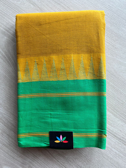 Mustard Gold with Emerald Green Temple Border  Handloom Korvai Chettinad Cotton Saree -24931