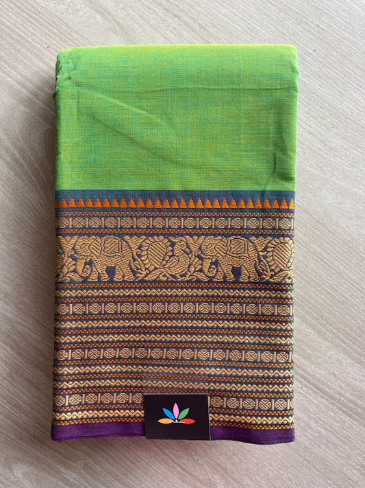 Parrot Green with Golden  Elephant , Annapakshi & Buttas Purple Bordered  Simple Chettinad Cotton Saree -24963