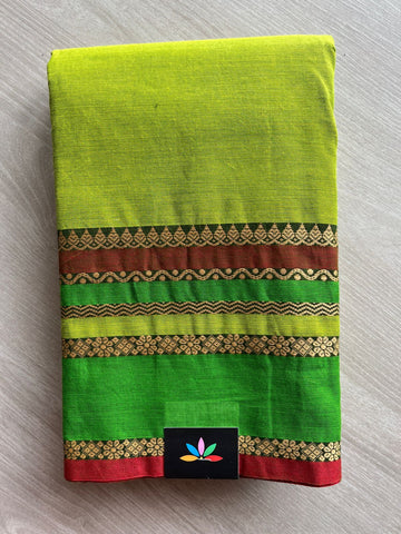 Lime Green with Rust Red Border Simple Chettinad Cotton Saree - 24965